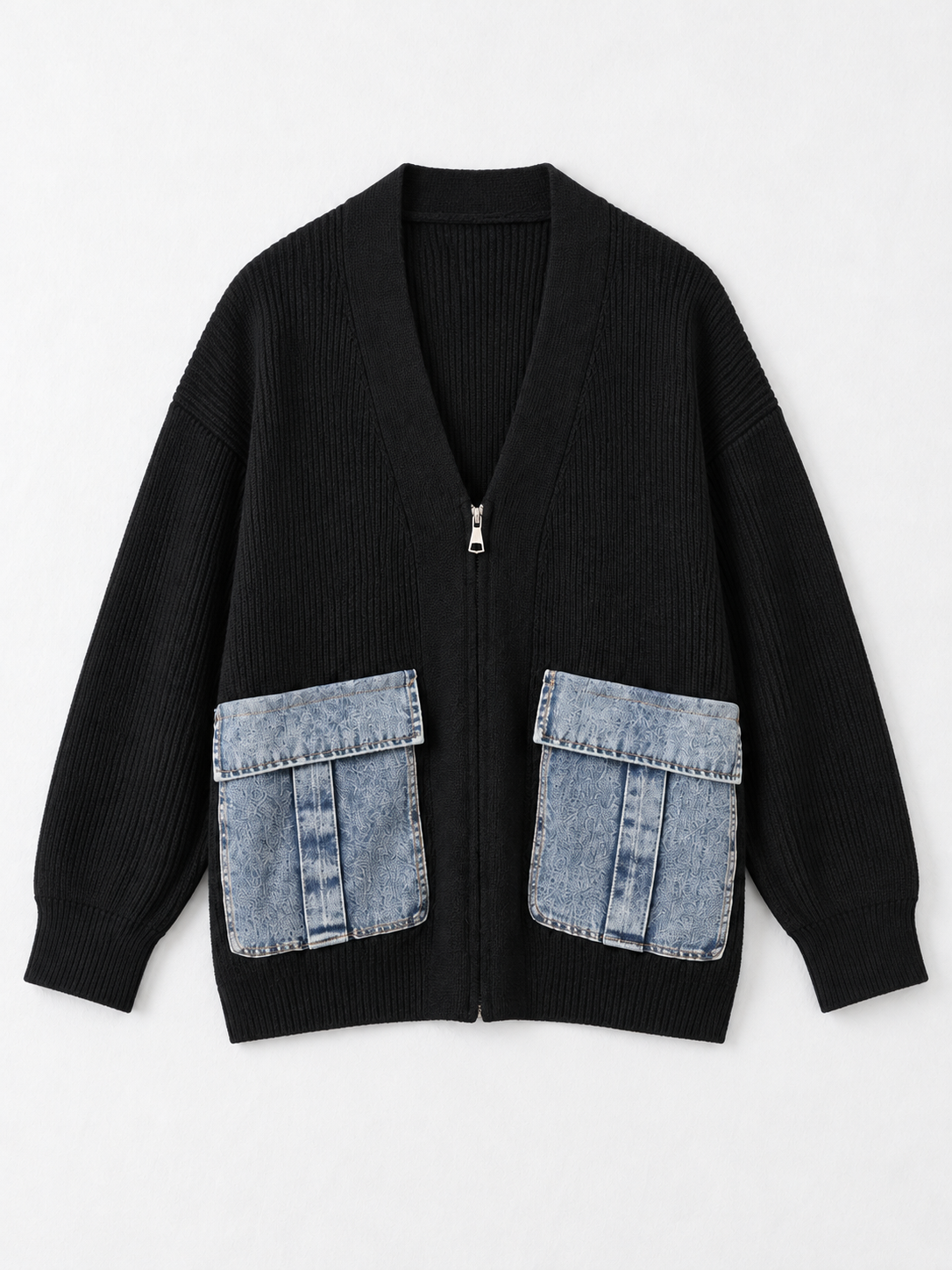 Denim-Pocket V-Neck Zip Cardigan · flat-front