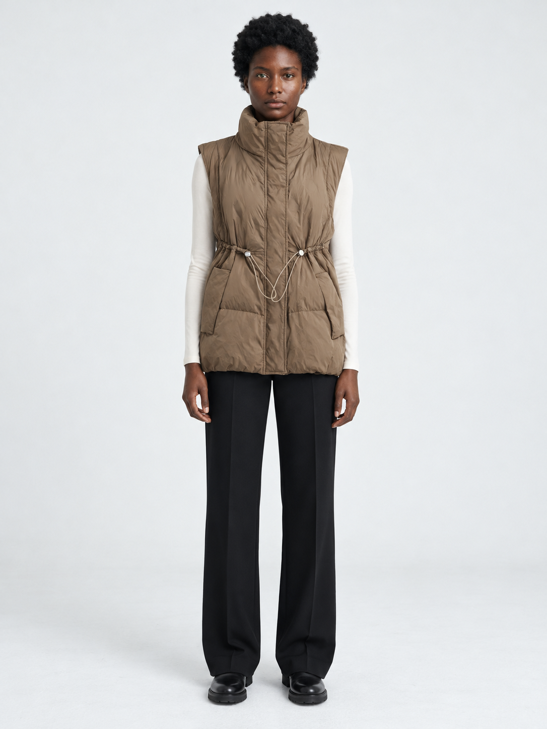 Drawstring Stand-Collar Padded Vest · model-front