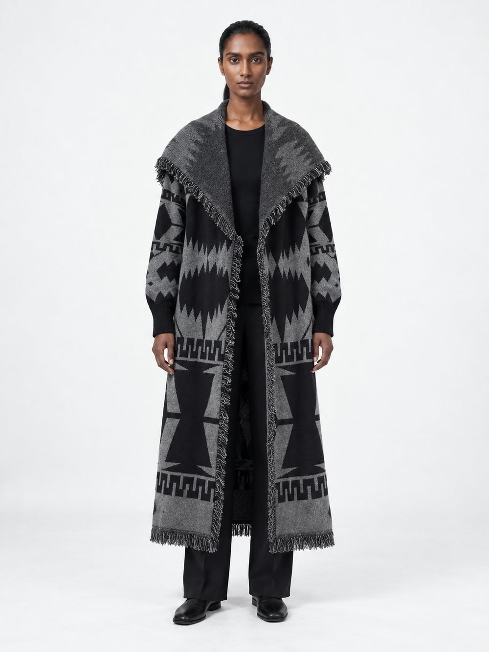 Geometric Fringed Long Cardigan