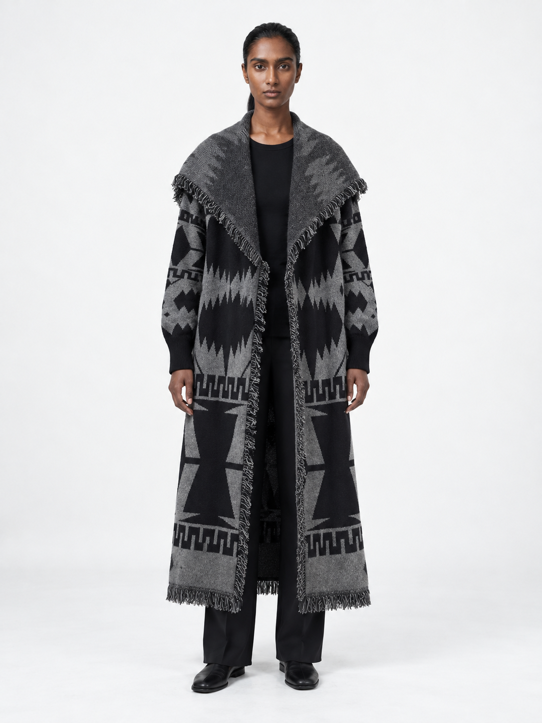 Geometric Fringed Long Cardigan · model-front