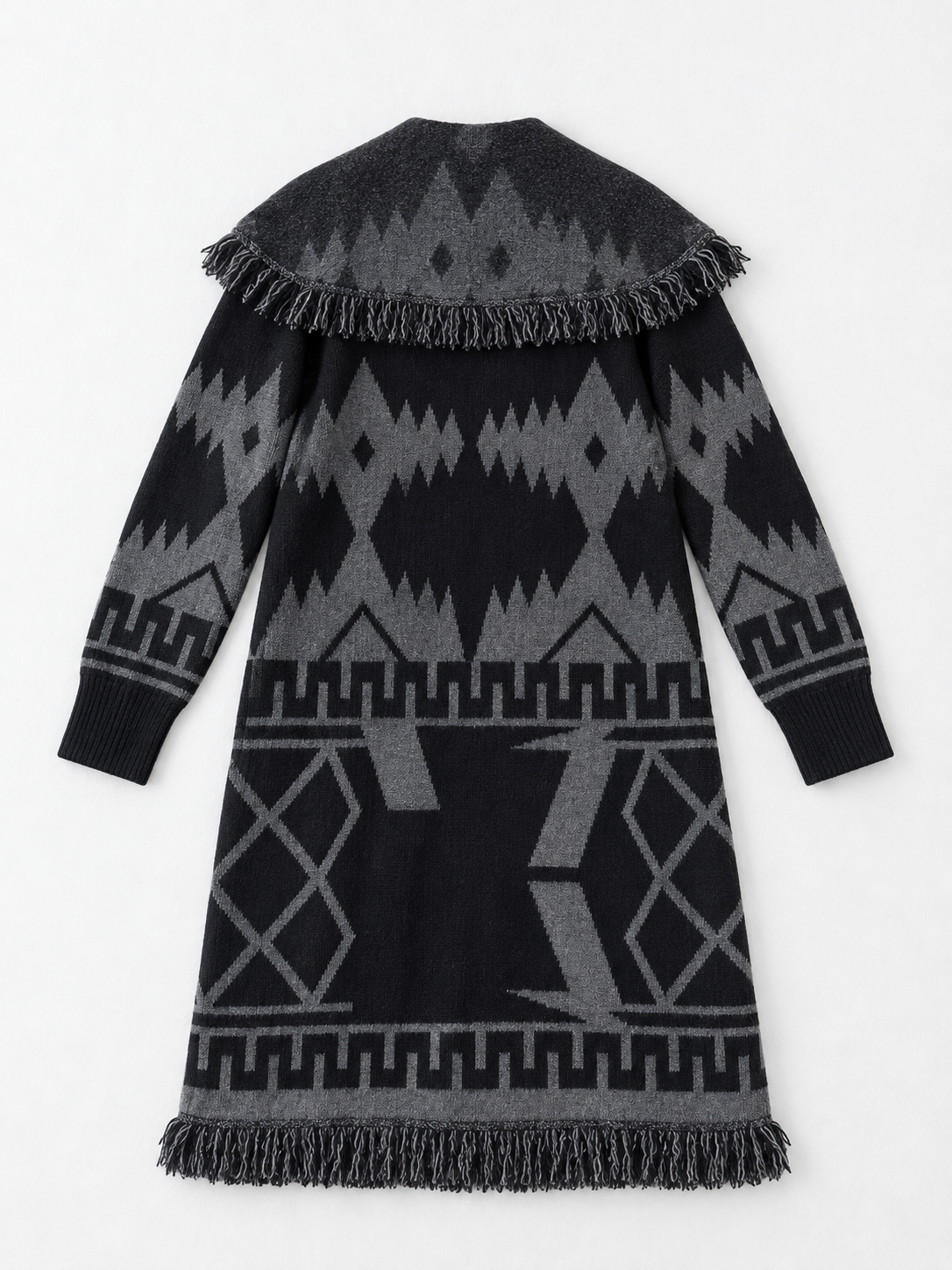 Geometric Fringed Long Cardigan · flat-back