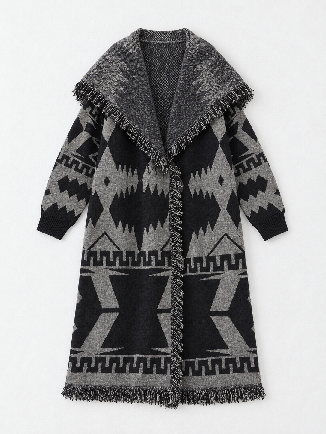 Geometric Fringed Long Cardigan · flat-front