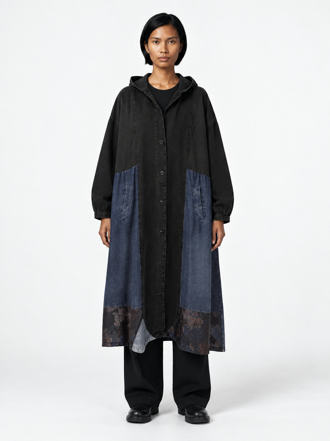 Denim-Panel Hooded Long Coat · model-front