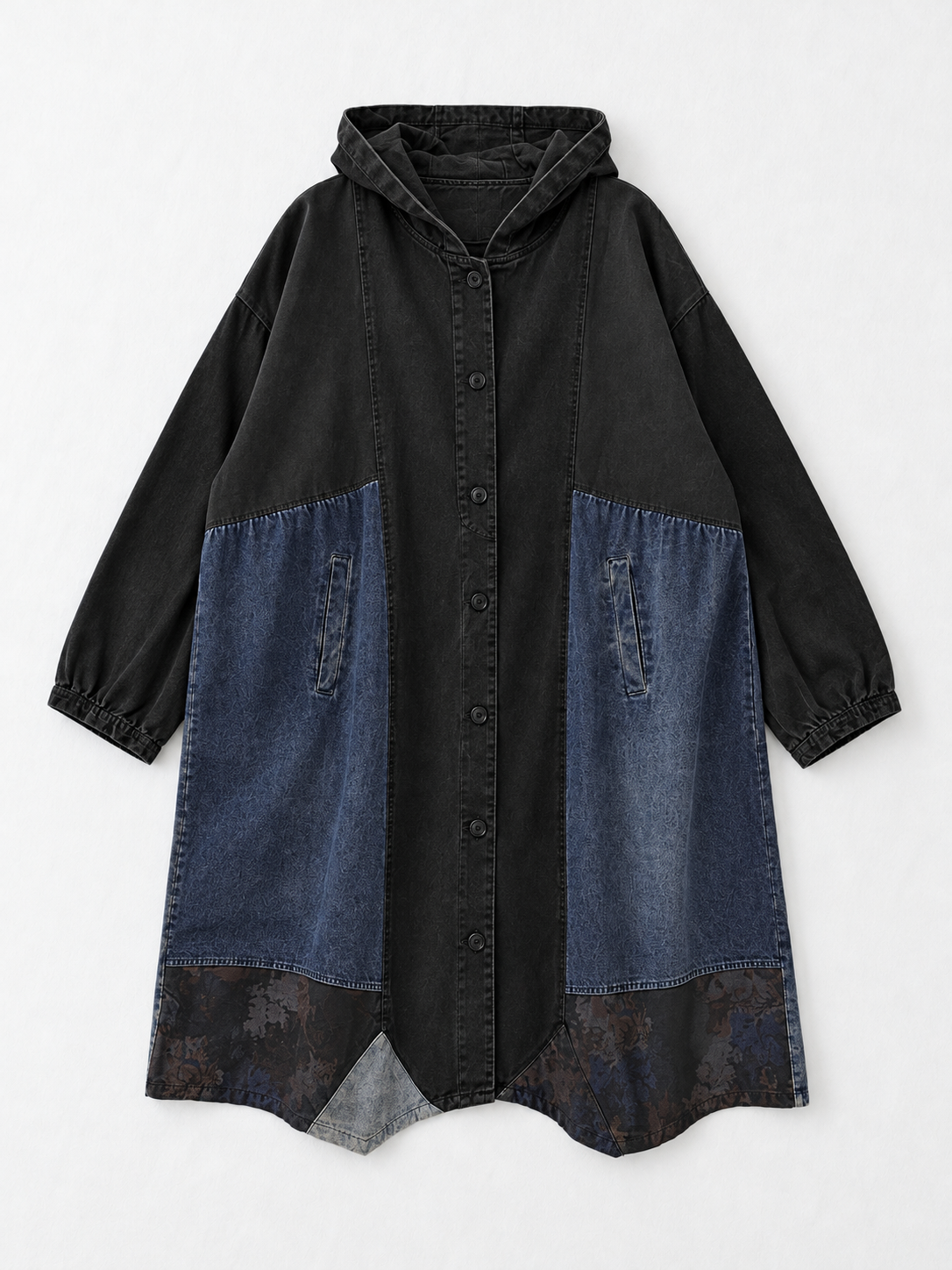 Denim-Panel Hooded Long Coat · flat-front