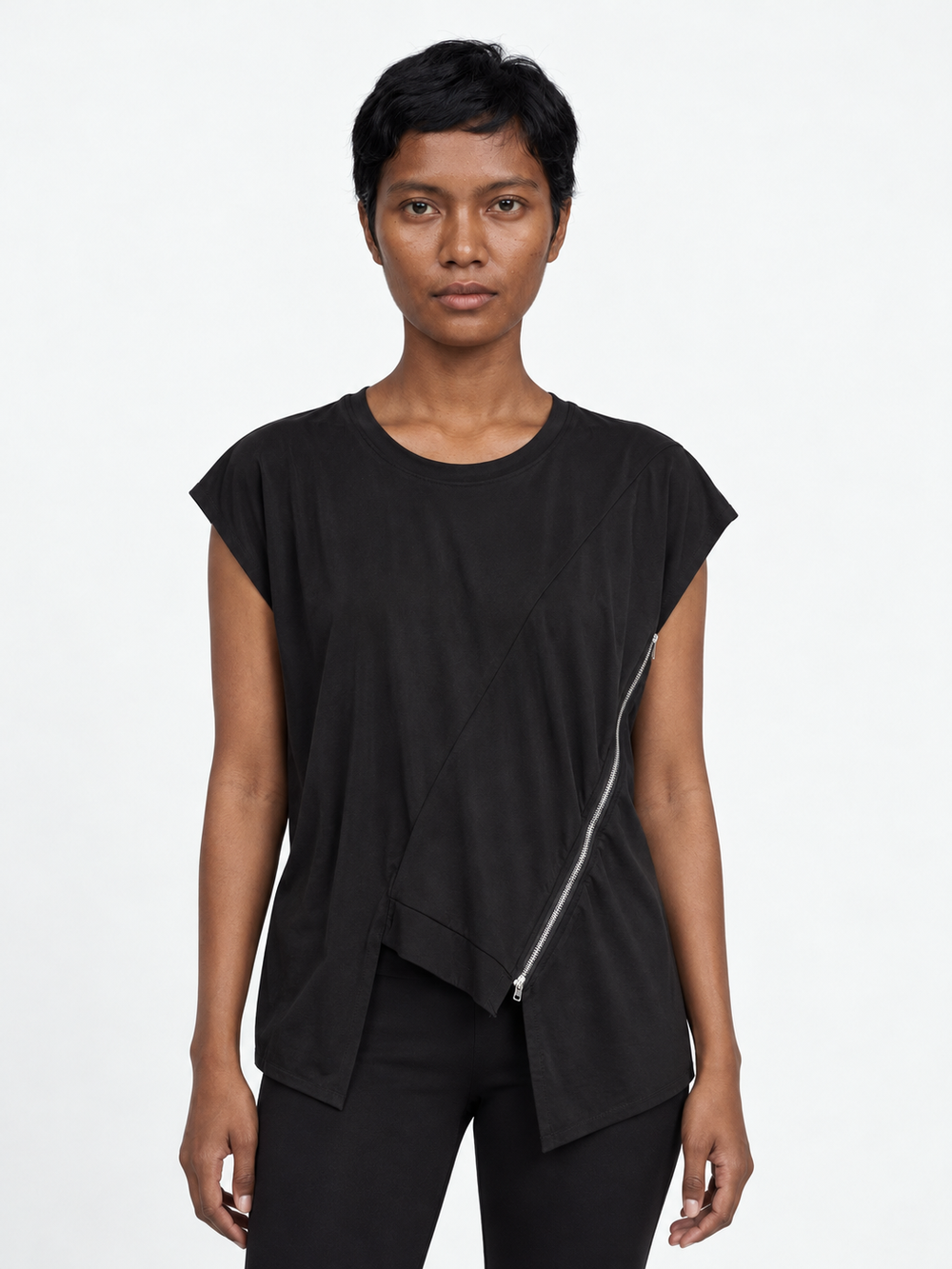 Diagonal-Zip Asymmetric T-Shirt