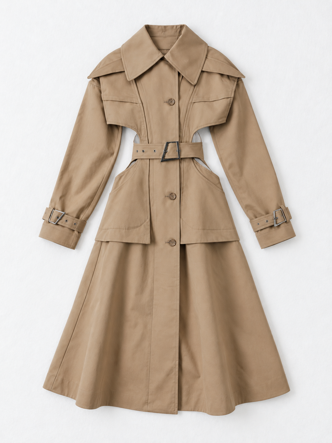 Cutout-Waist Belted Trench · flat-front