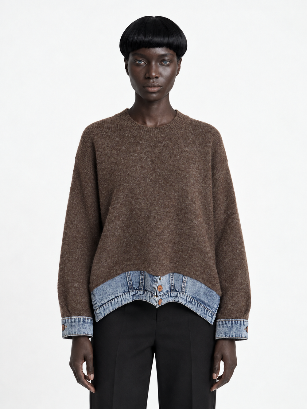 Denim-Hem Knit Sweater