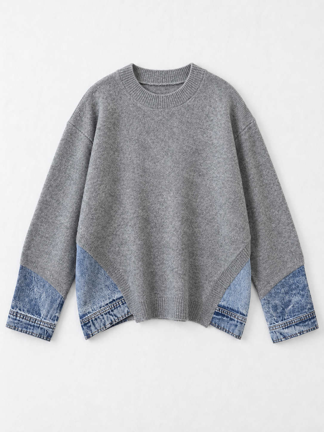 Denim-Insert Knit Sweater · flat-front
