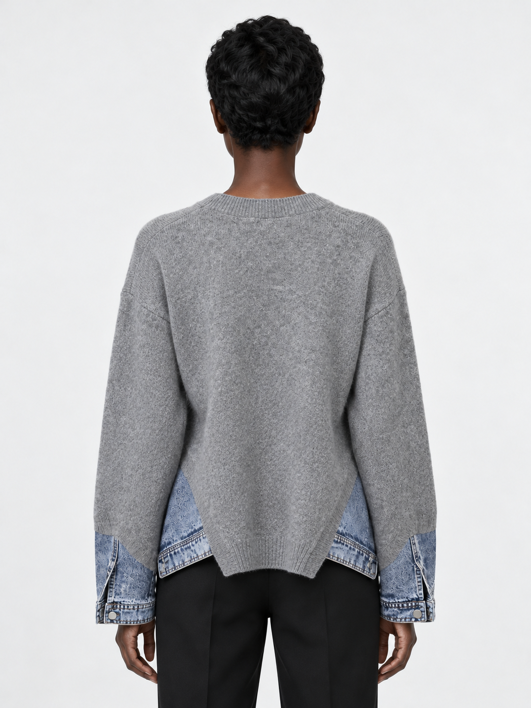 Denim-Insert Knit Sweater · model-back