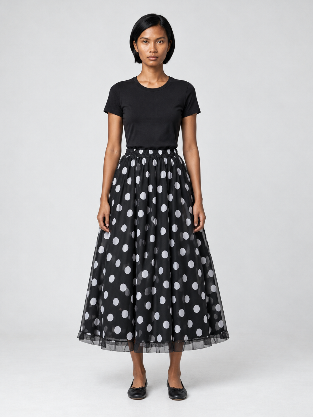 Dot Mesh-Hem Midi Skirt · model-front