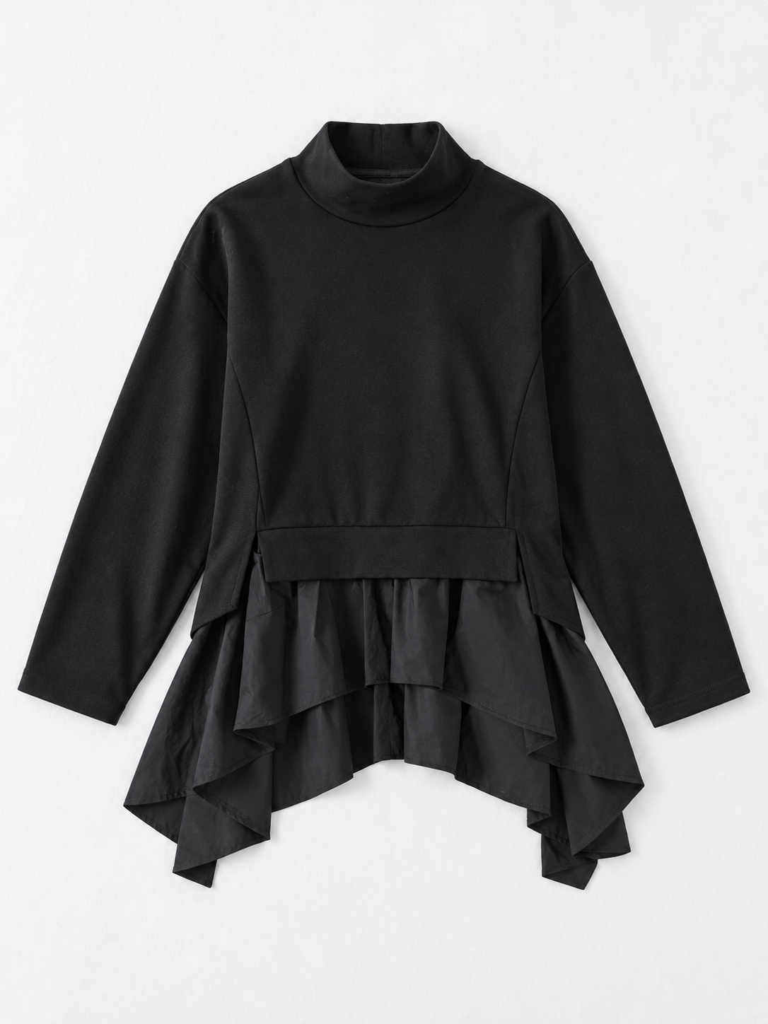 Ruffle-Hem High-Neck Sweatshirt · flat-front