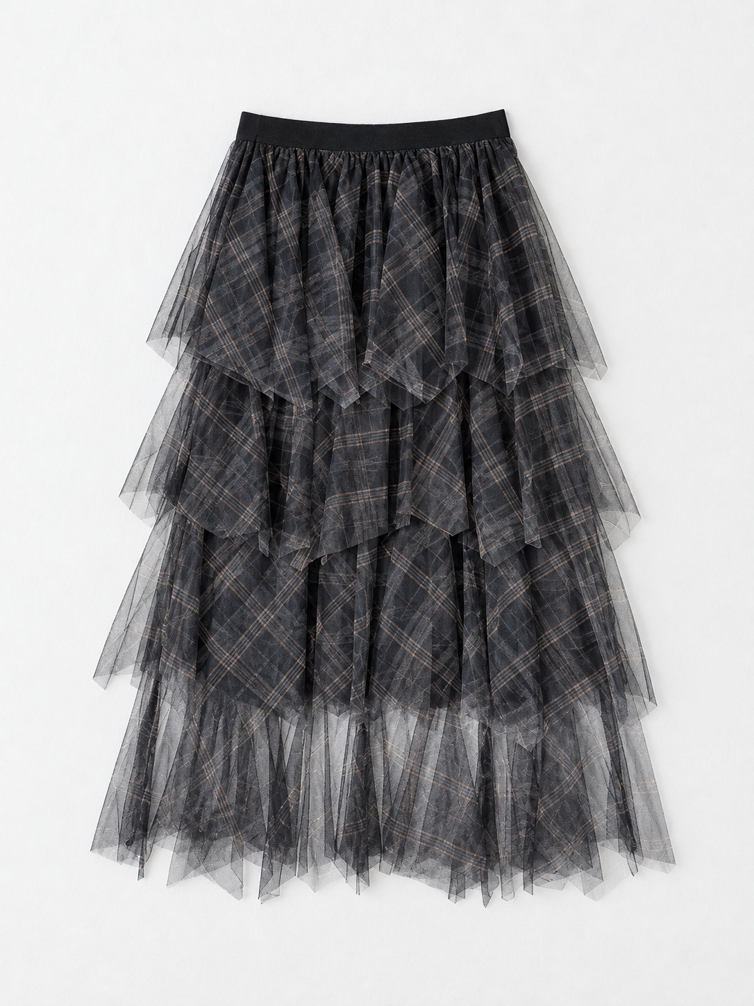 Plaid Tiered Mesh Skirt · flat-front