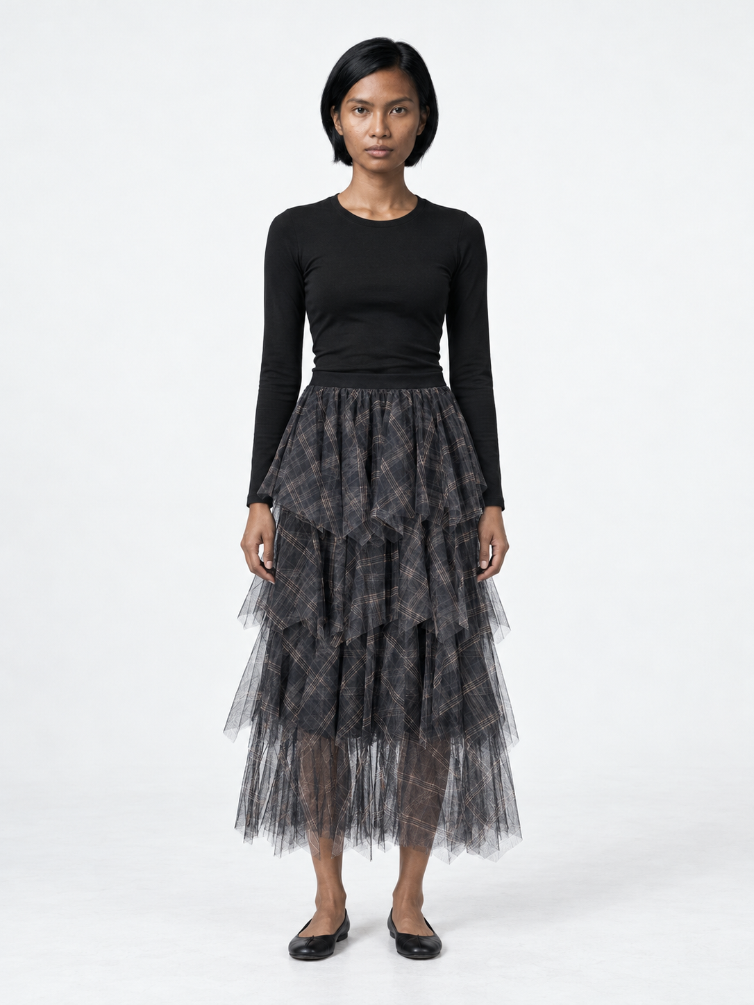Plaid Tiered Mesh Skirt · model-front