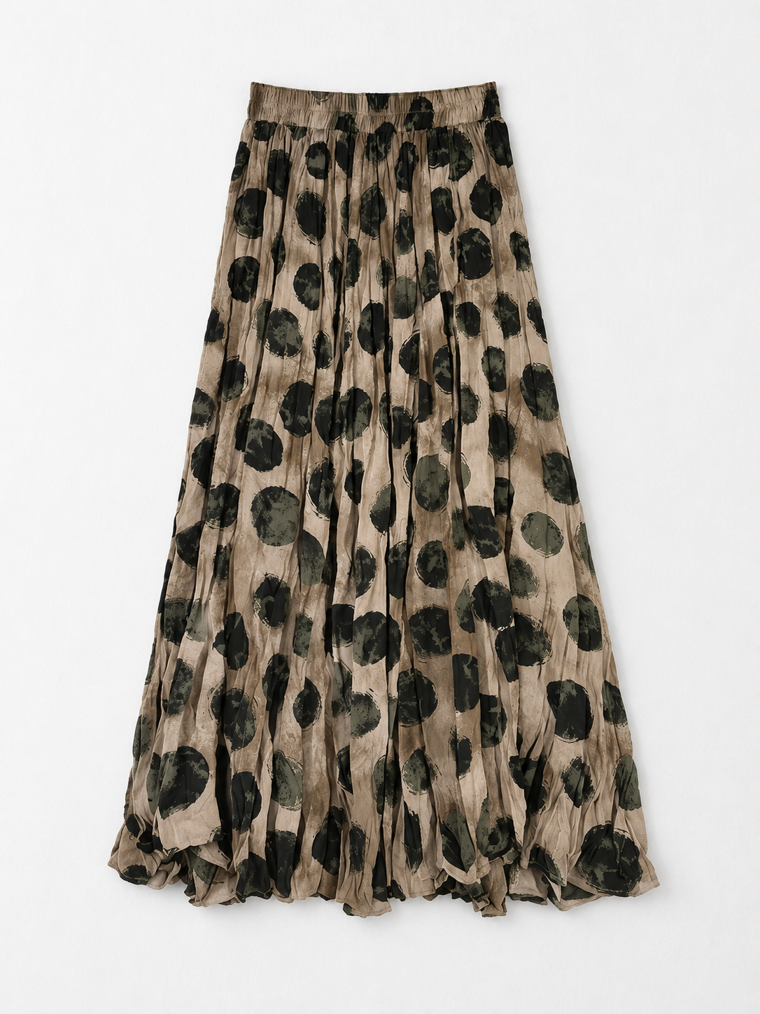 Dot-Print Pleated Maxi Skirt · flat-front