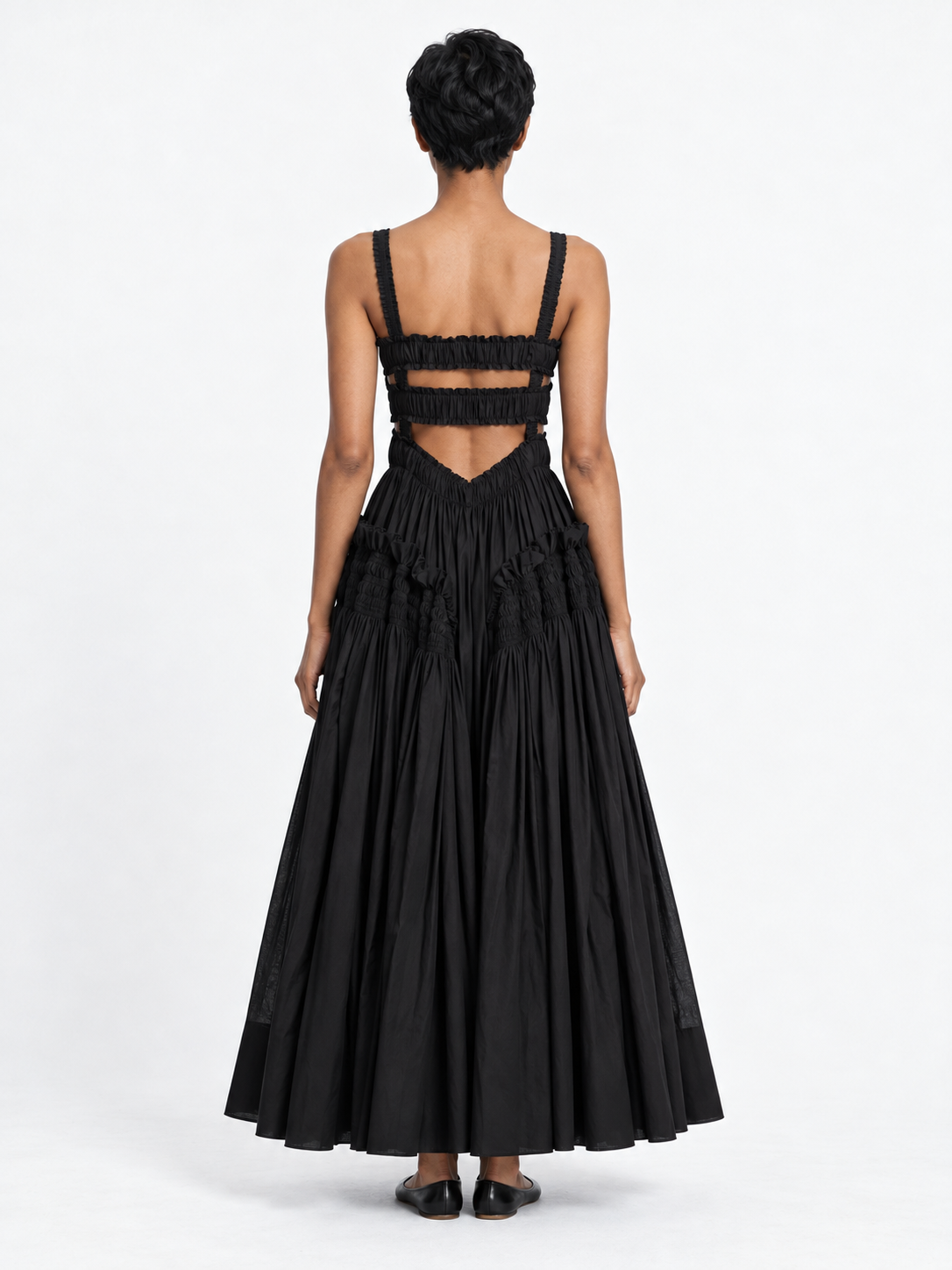 Open-Back Gathered Maxi Dress · model-back