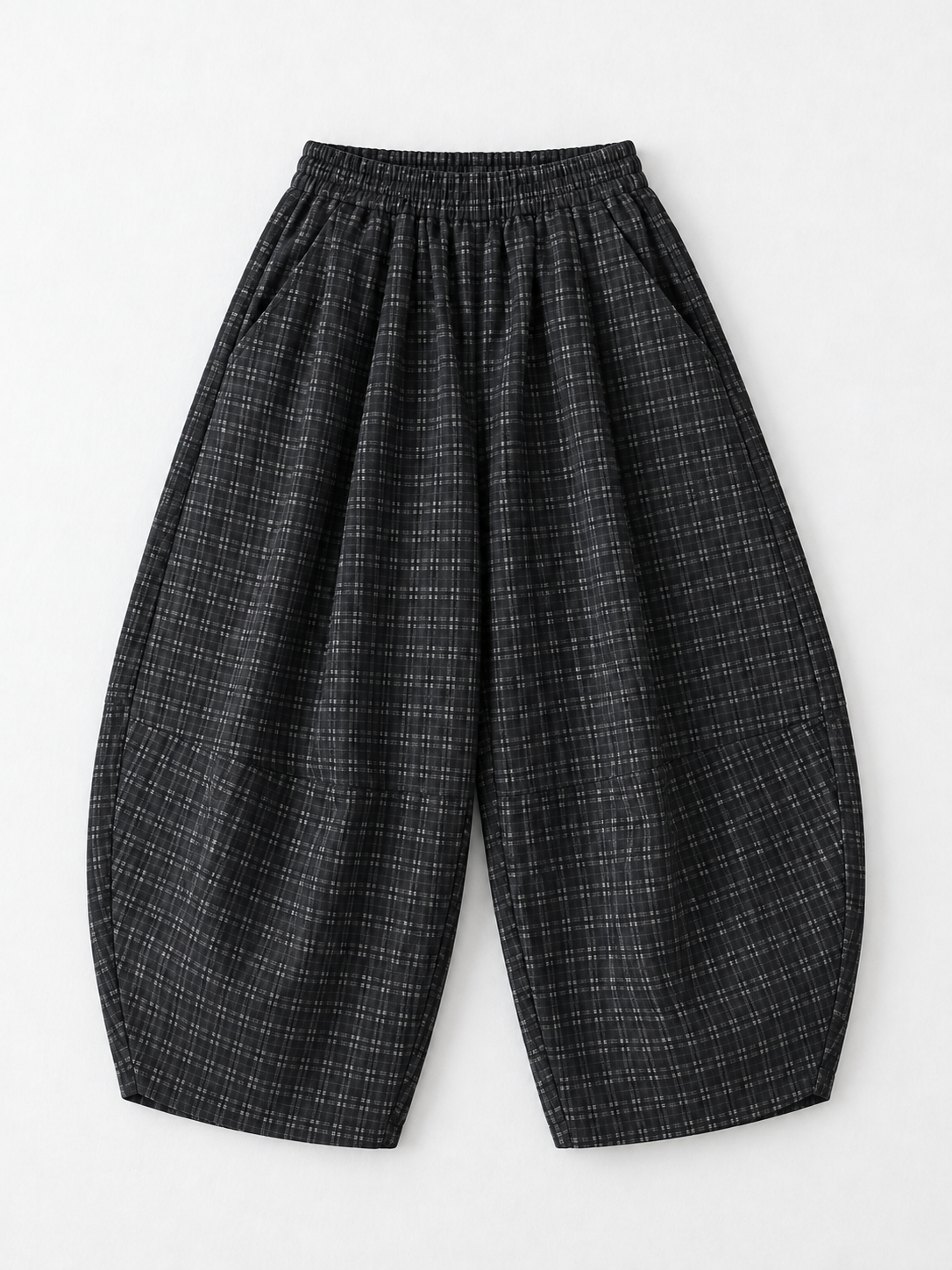 Dark Check Balloon Trousers · flat-front