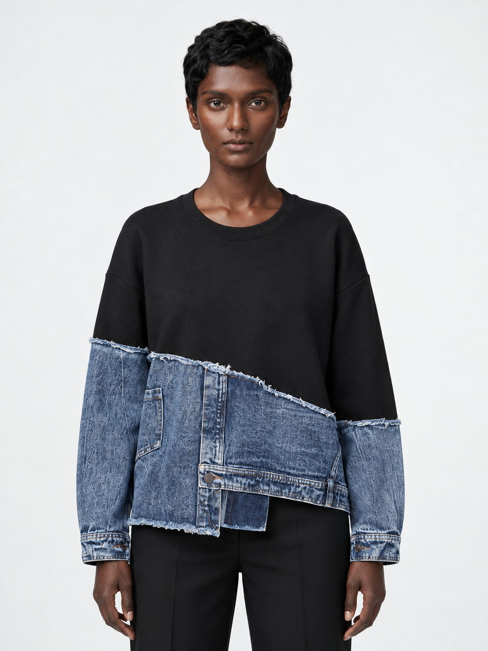 Denim-Panel Sweatshirt