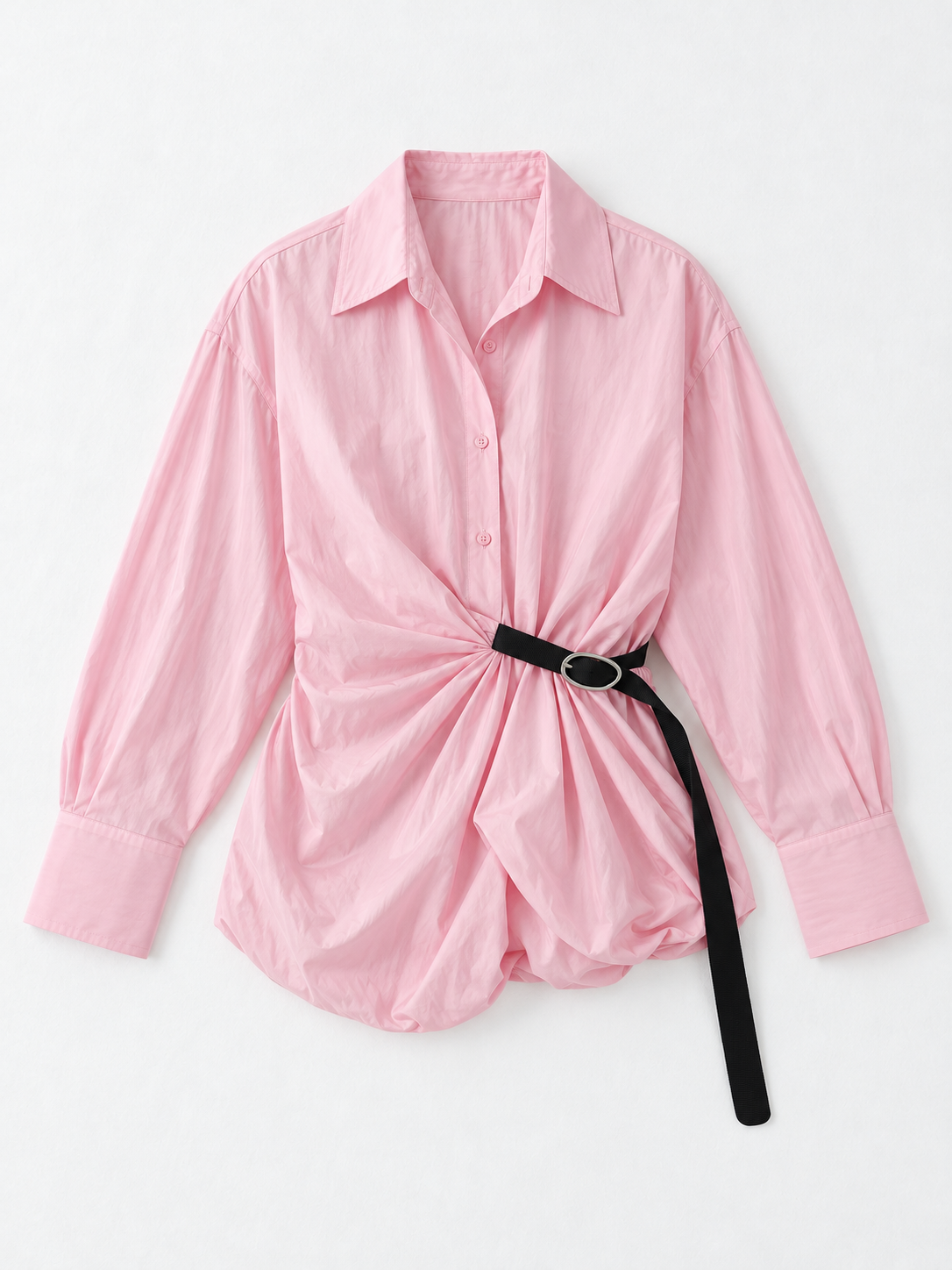 Belted Balloon-Hem Shirt · flat-front