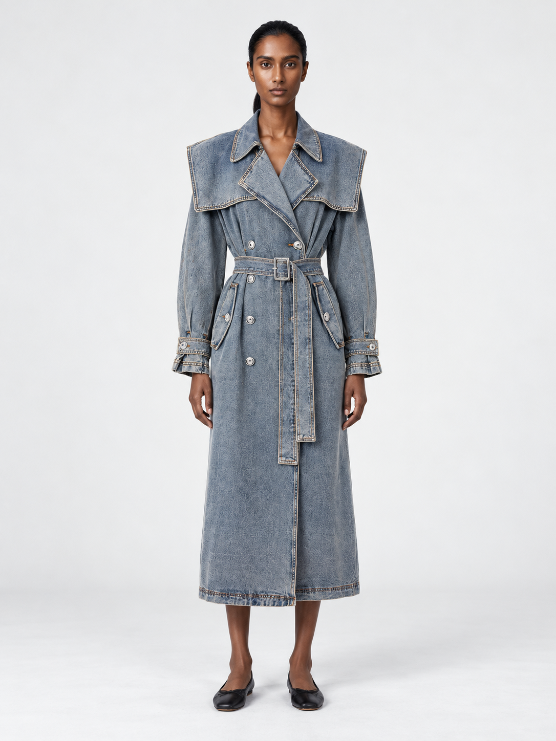 Cape-Yoke Denim Trench · model-front