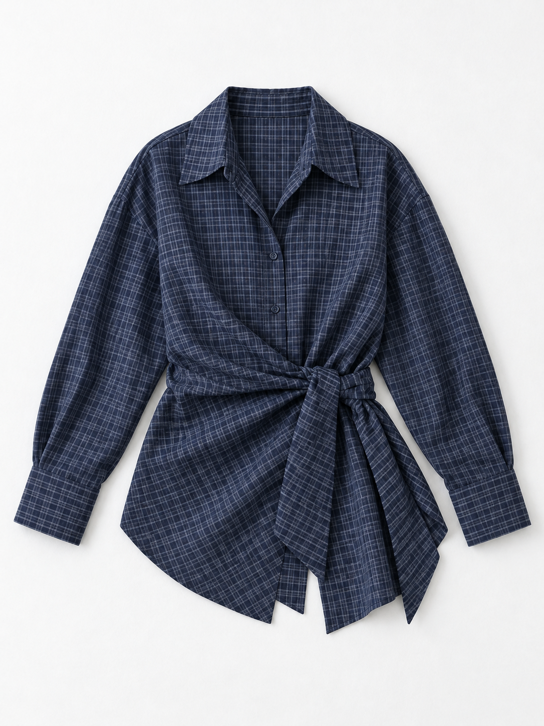 Check Wrap-Tie Shirt · flat-front