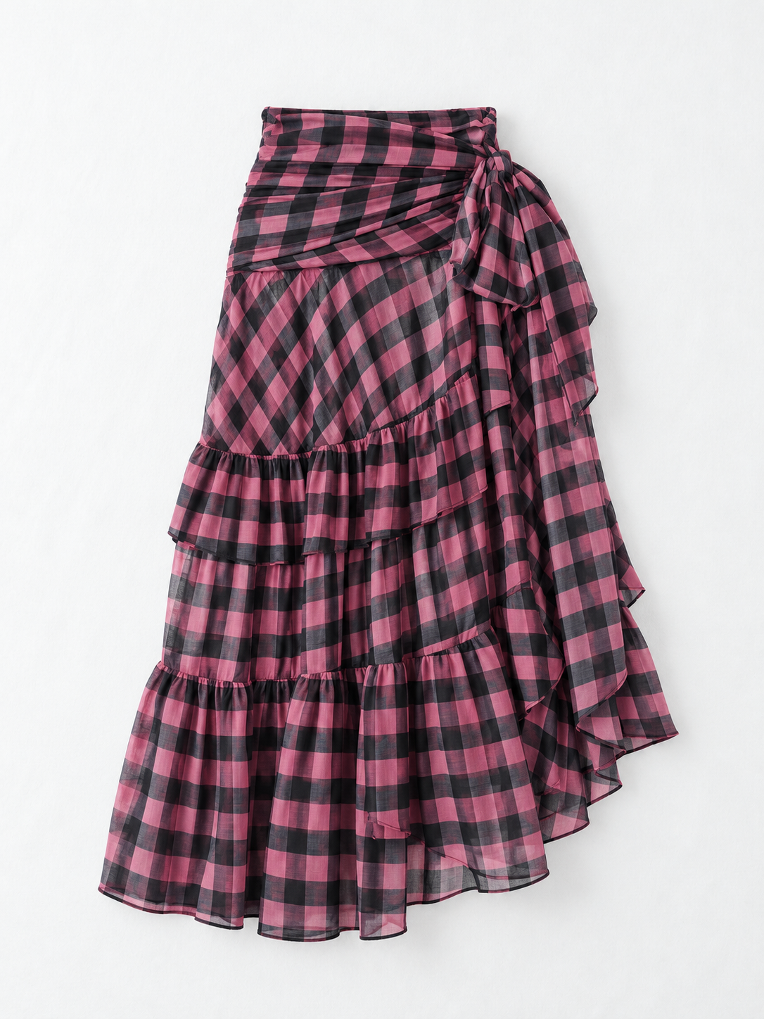 Draped Check Tiered Skirt · flat-front