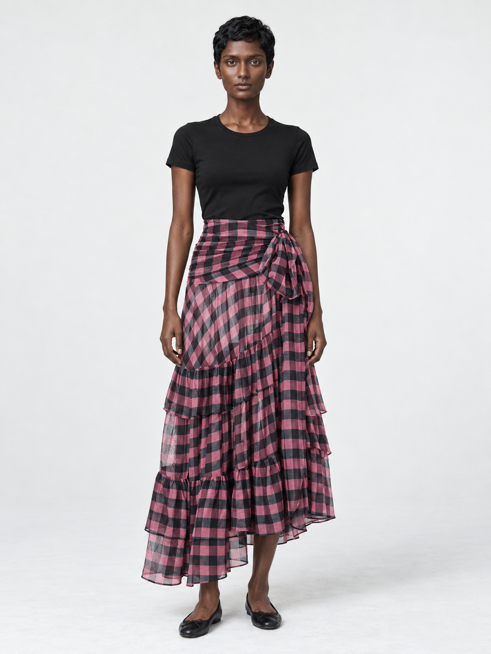 Draped Check Tiered Skirt