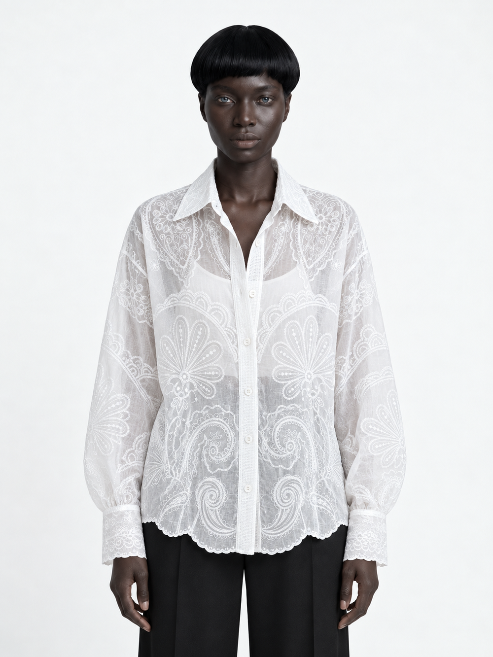 Embroidered Scallop-Hem Shirt
