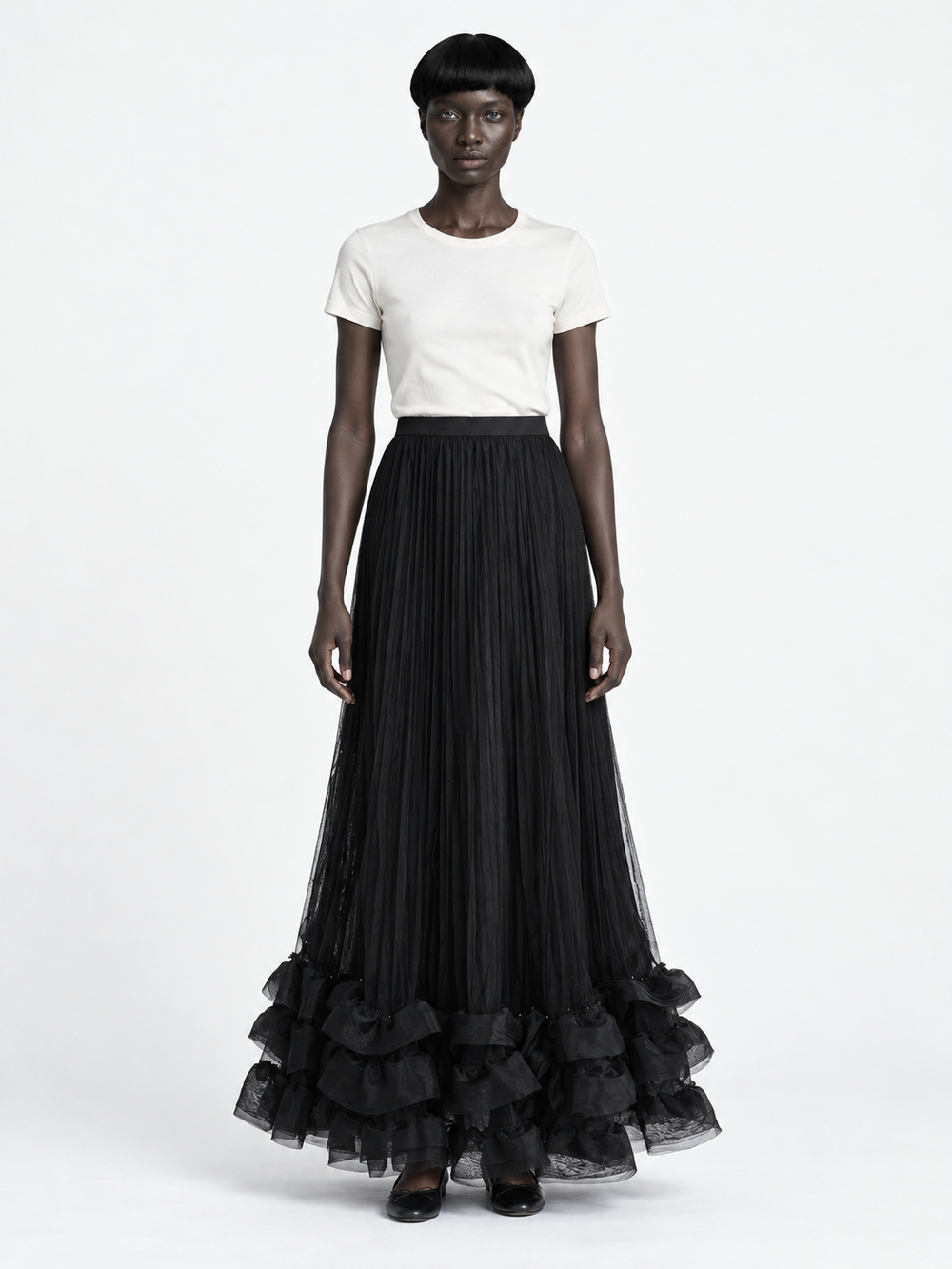 Pleated Ruffle-Hem Maxi Skirt