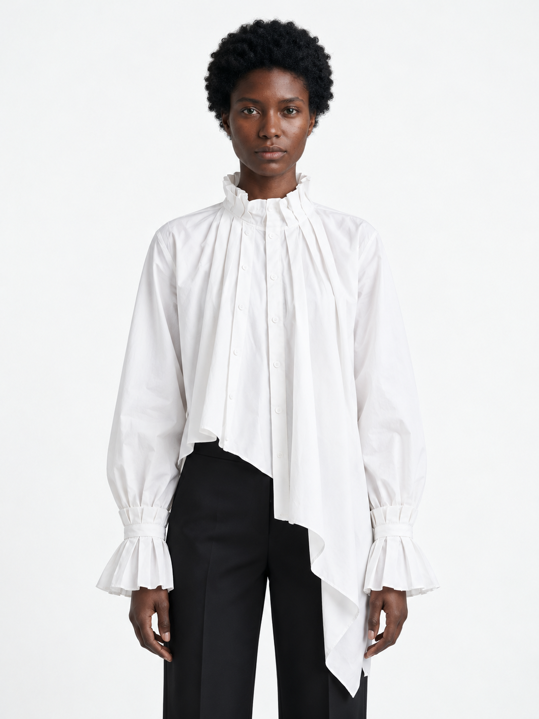 Pleated High-Low Ruffle Shirt · model-front