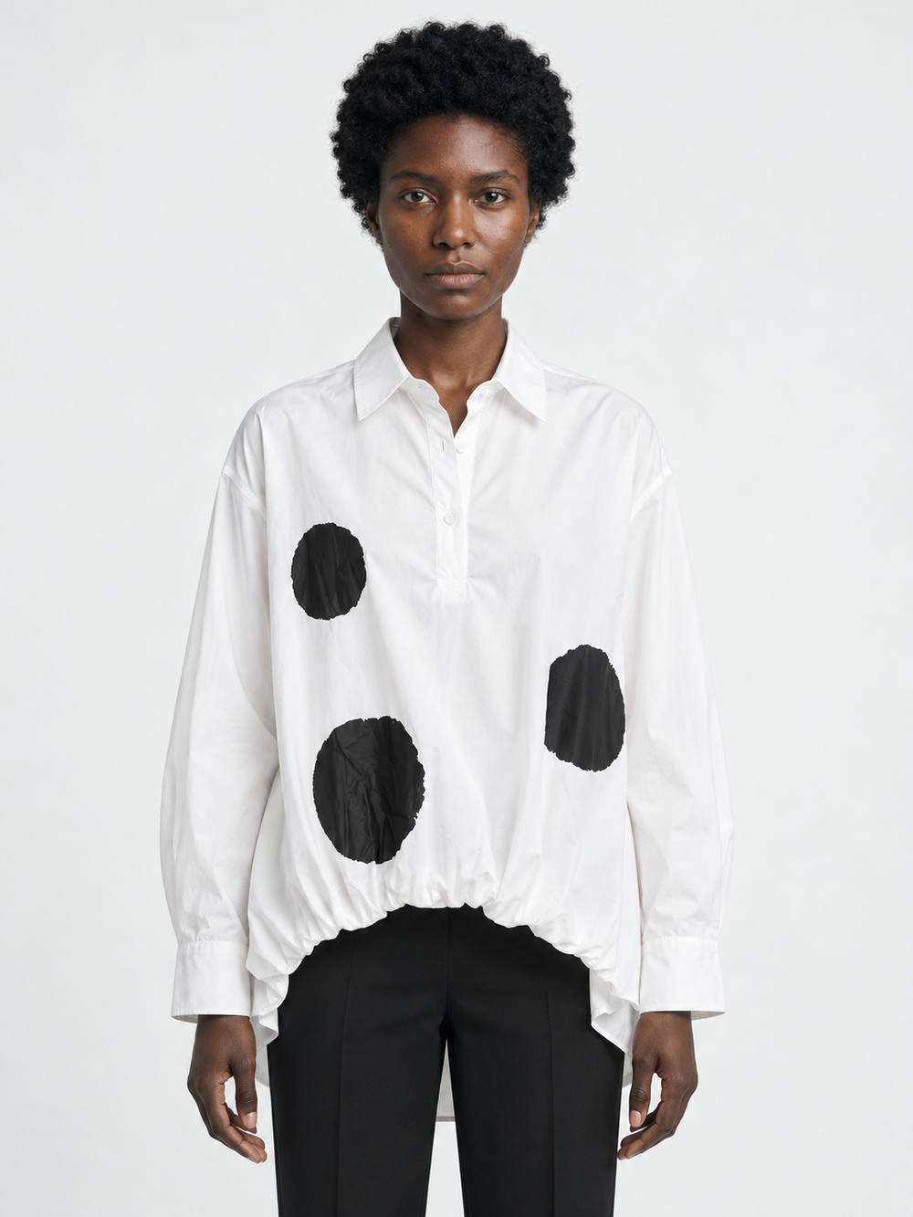 Large-Dot Ruffle-Hem Shirt