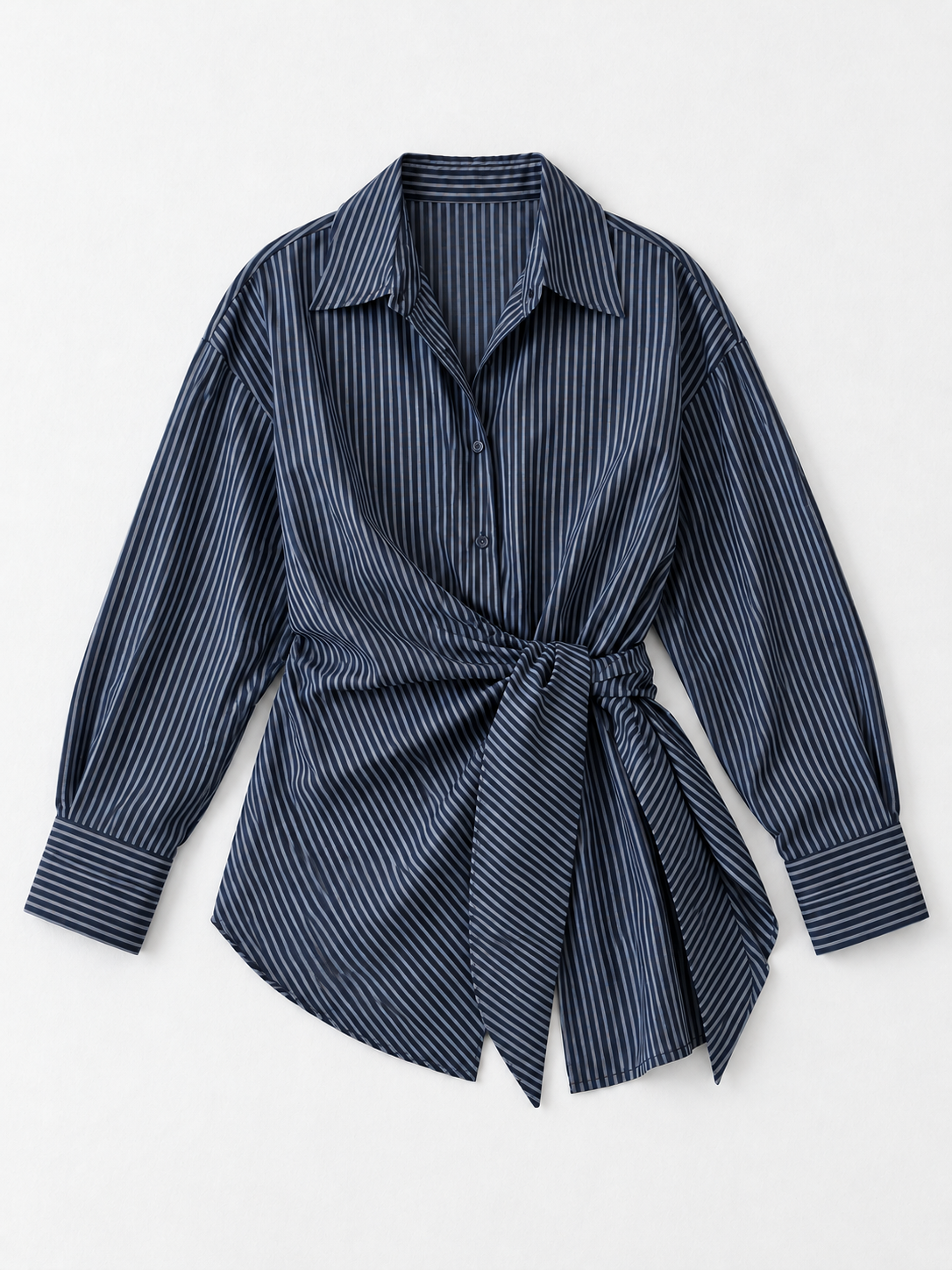 Pinstripe Tie-Waist Shirt · flat-front
