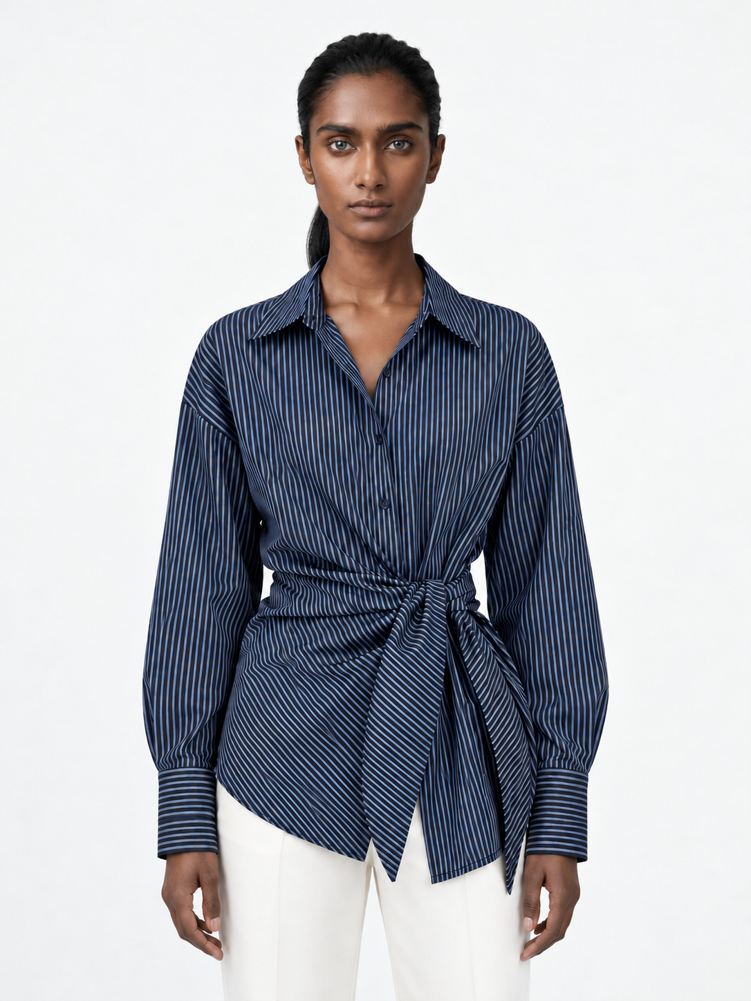 Pinstripe Tie-Waist Shirt · model-front