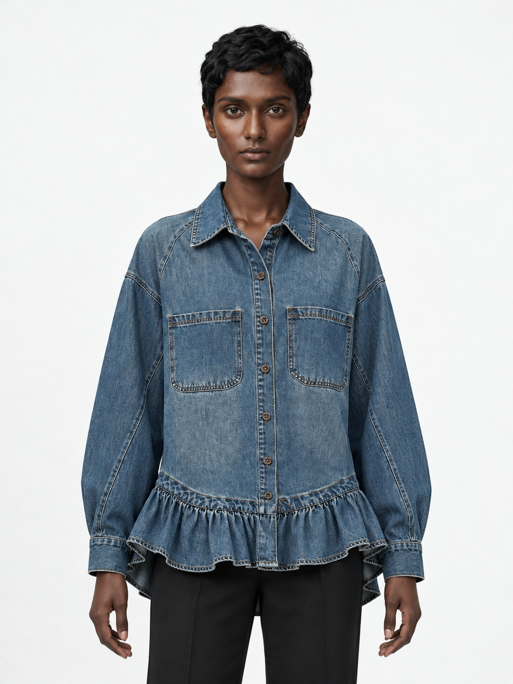 Ruffle-Hem Denim Shirt Jacket