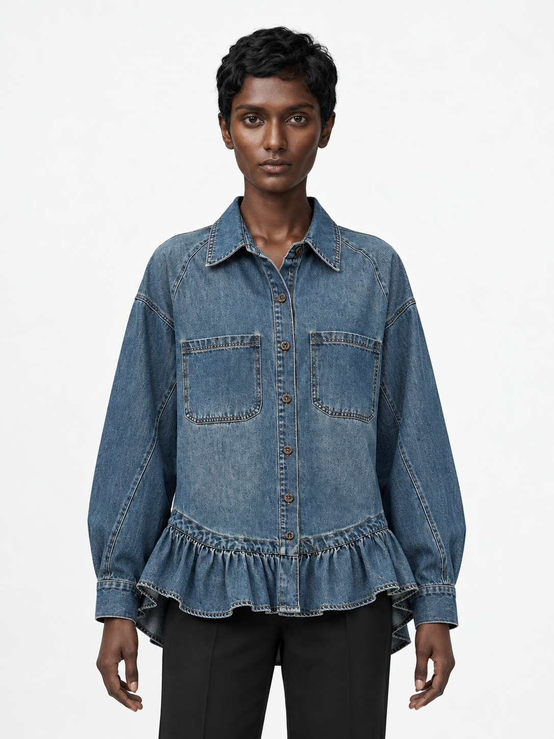 Ruffle-Hem Denim Shirt Jacket · model-front