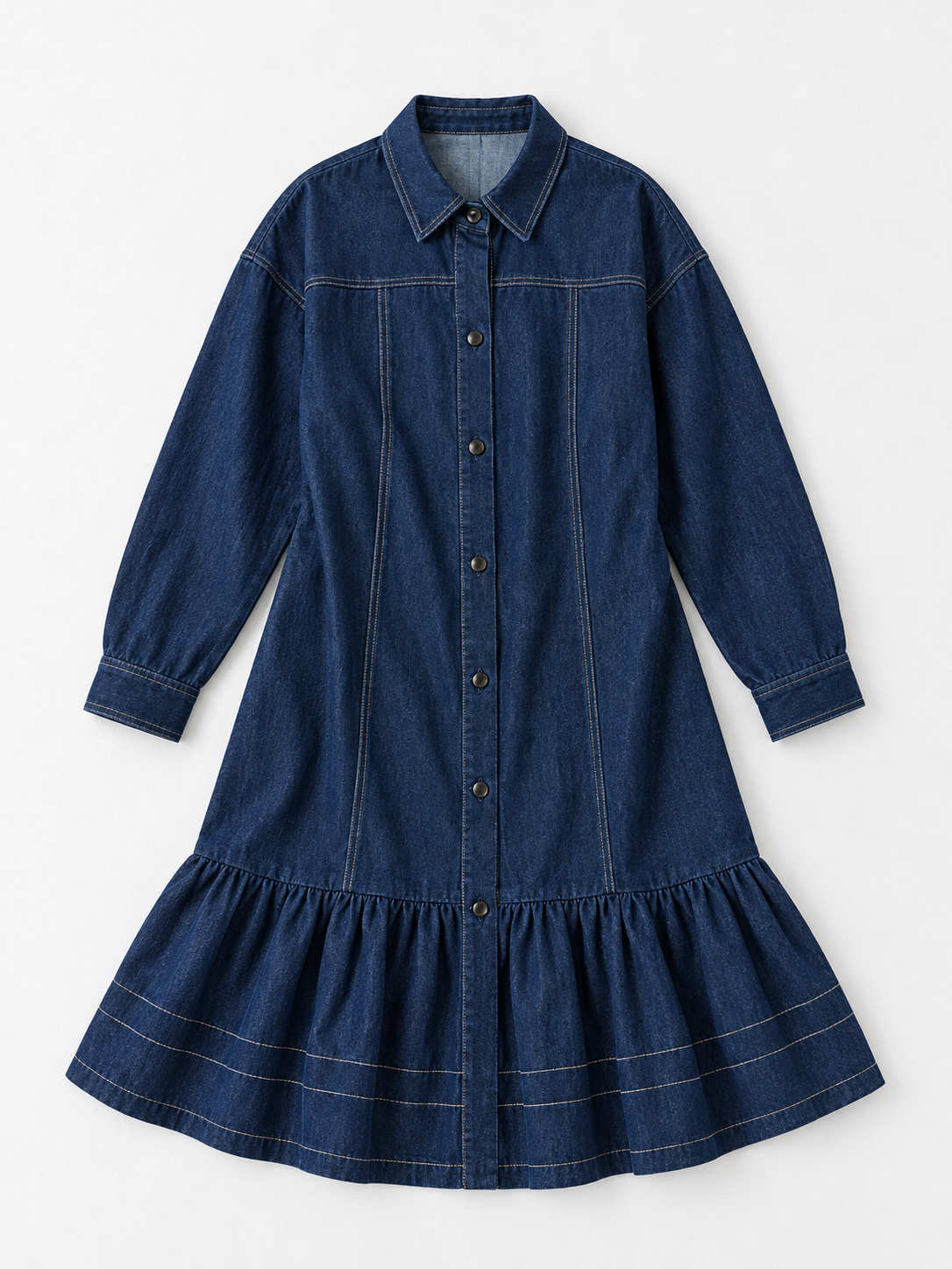 Ruffle-Hem Denim Long Coat · flat-front