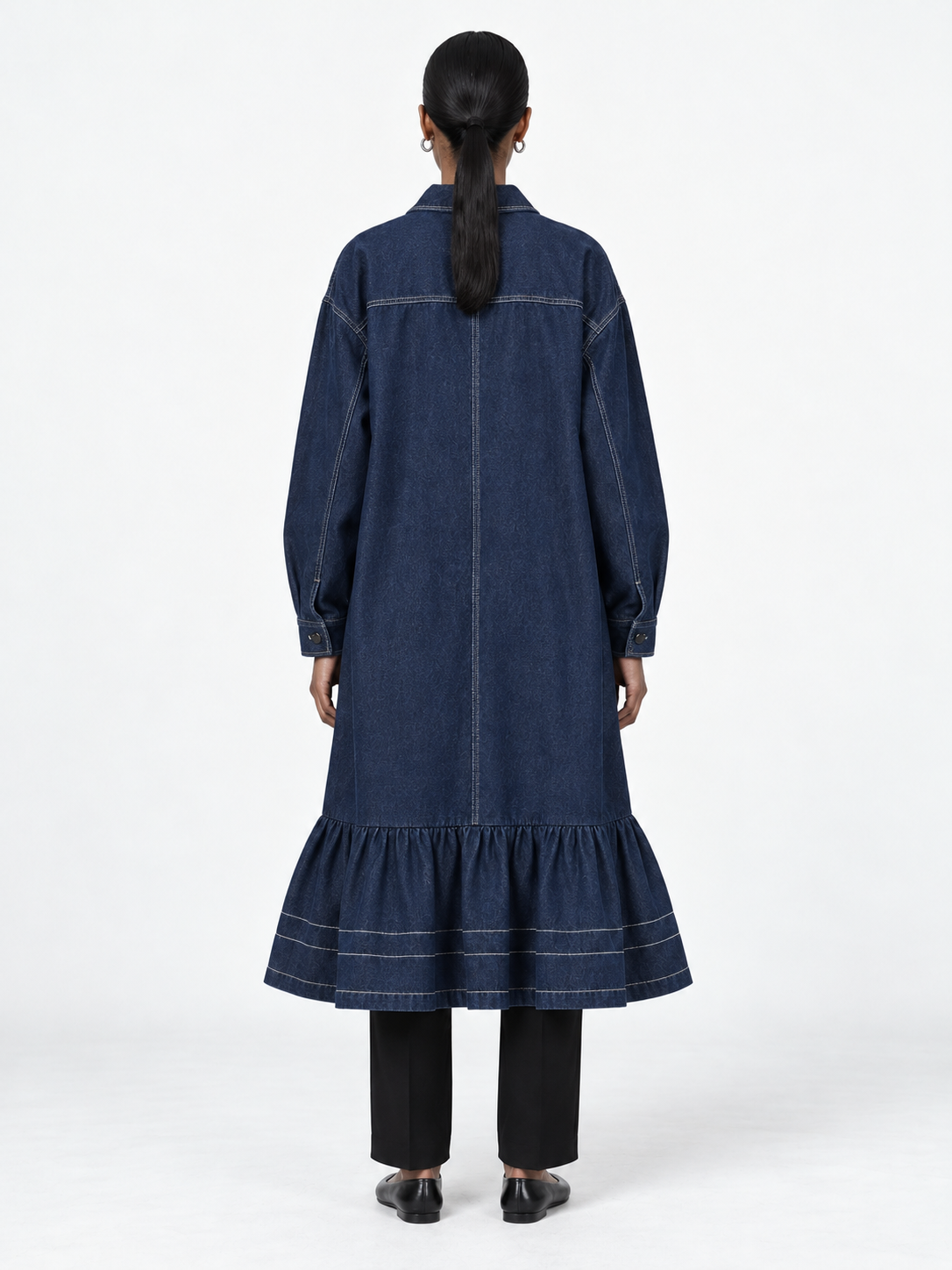 Ruffle-Hem Denim Long Coat · model-back