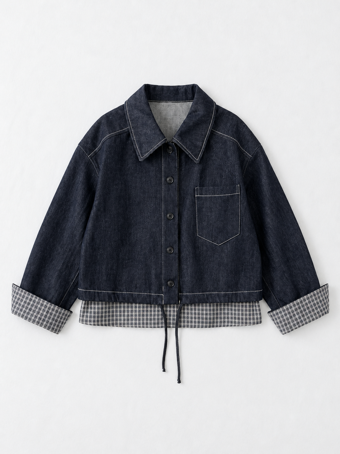 Gingham-Trim Denim Jacket · flat-front