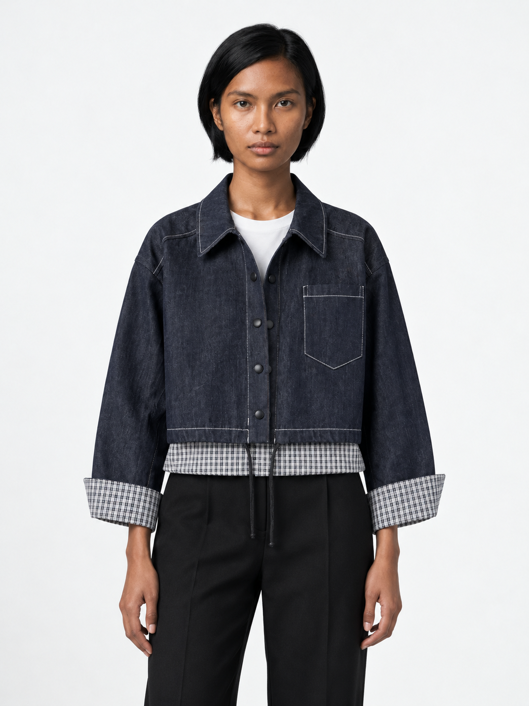 Gingham-Trim Denim Jacket · model-front