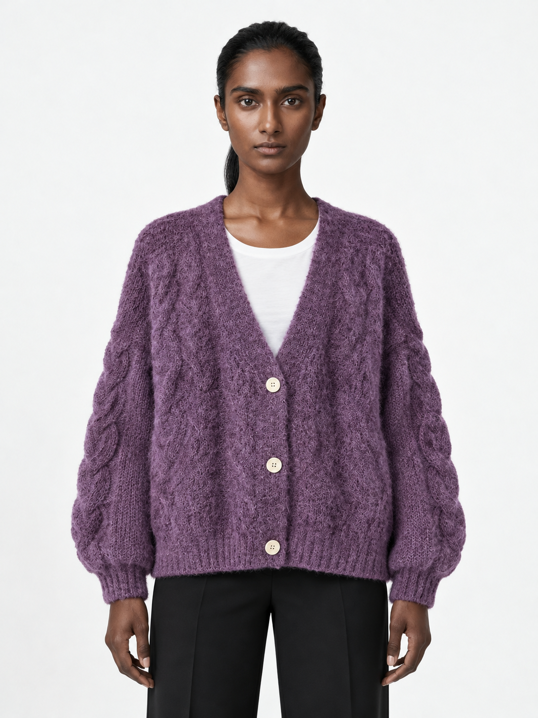 Cable-Sleeve V-Neck Cardigan · model-front