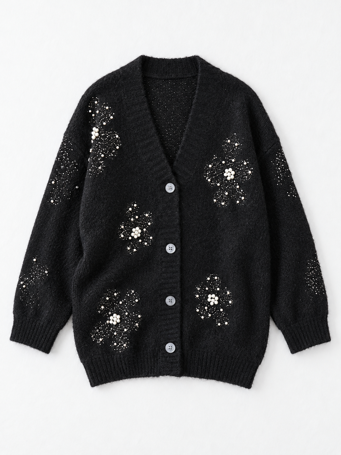 Crystal Flower Knit Cardigan · flat-front