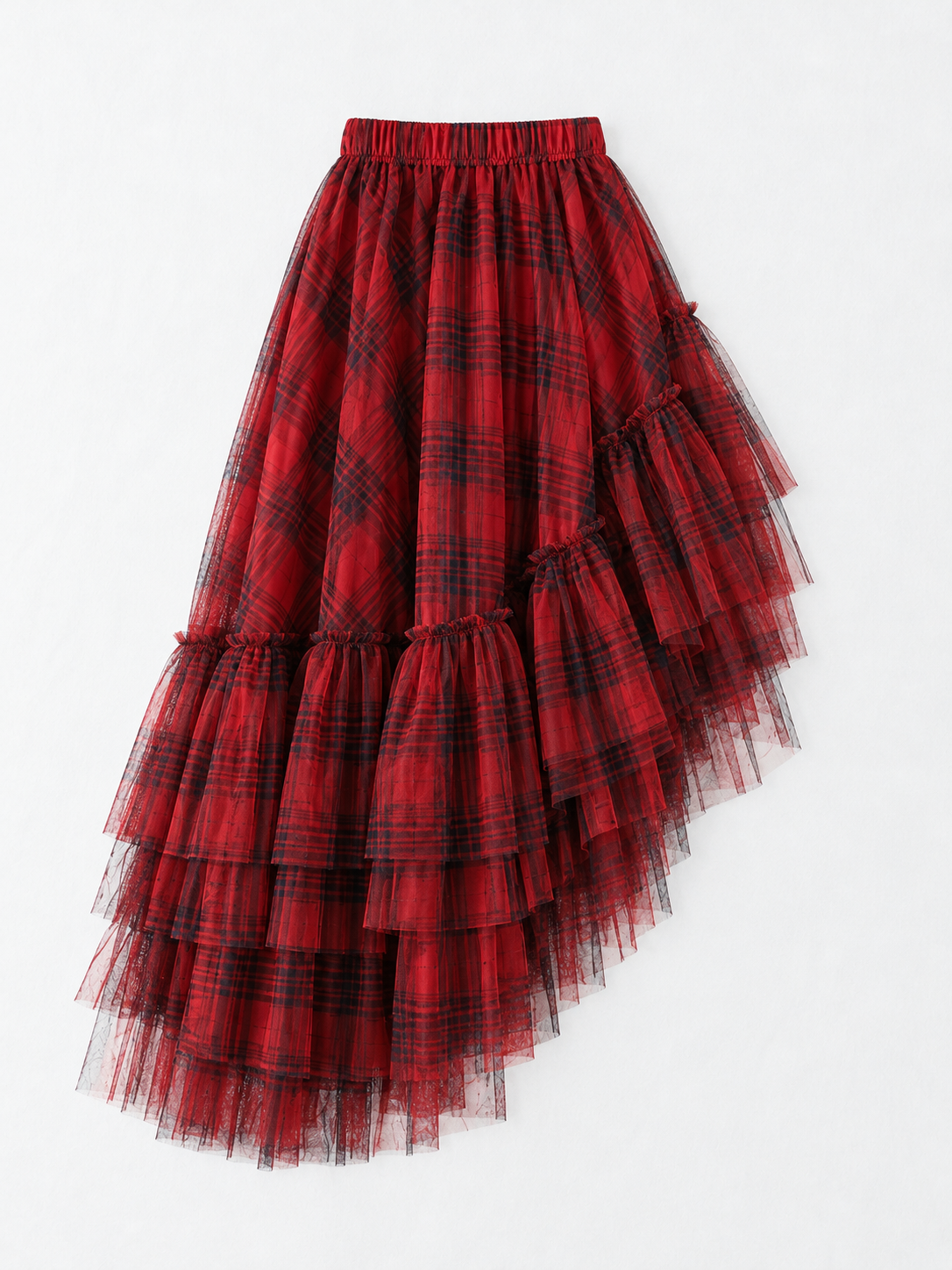 Plaid Mesh Cascade Skirt · flat-front