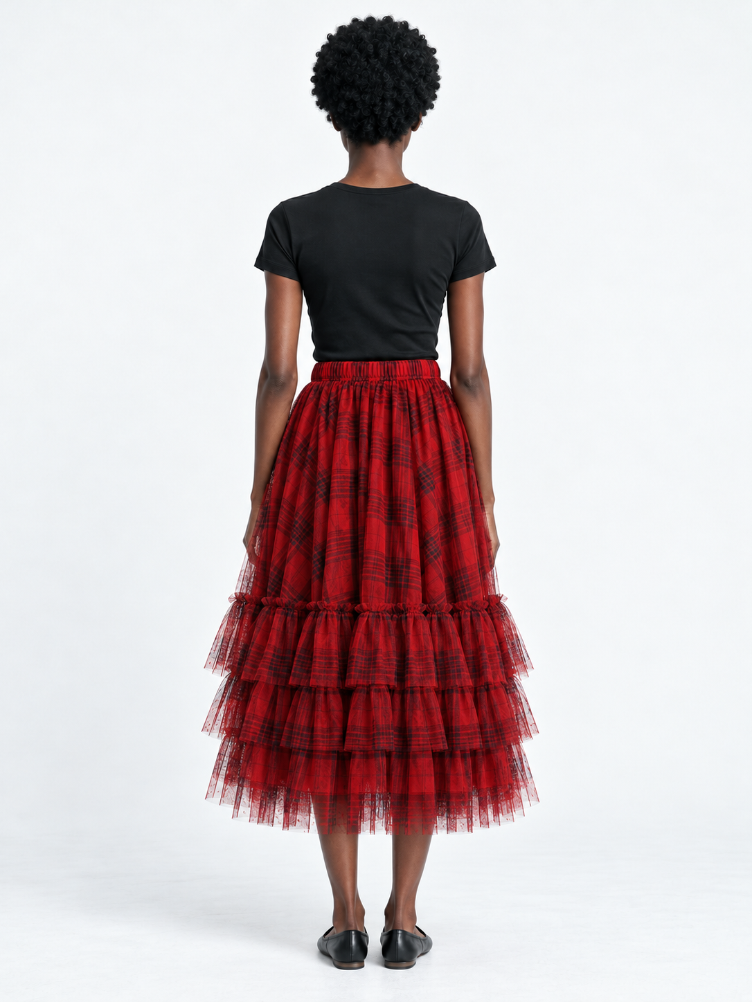 Plaid Mesh Cascade Skirt · model-back