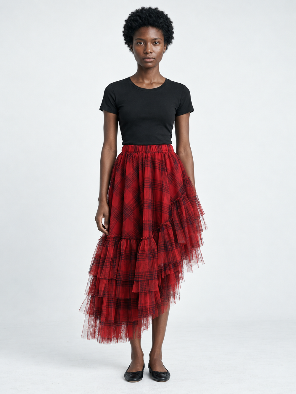 Plaid Mesh Cascade Skirt