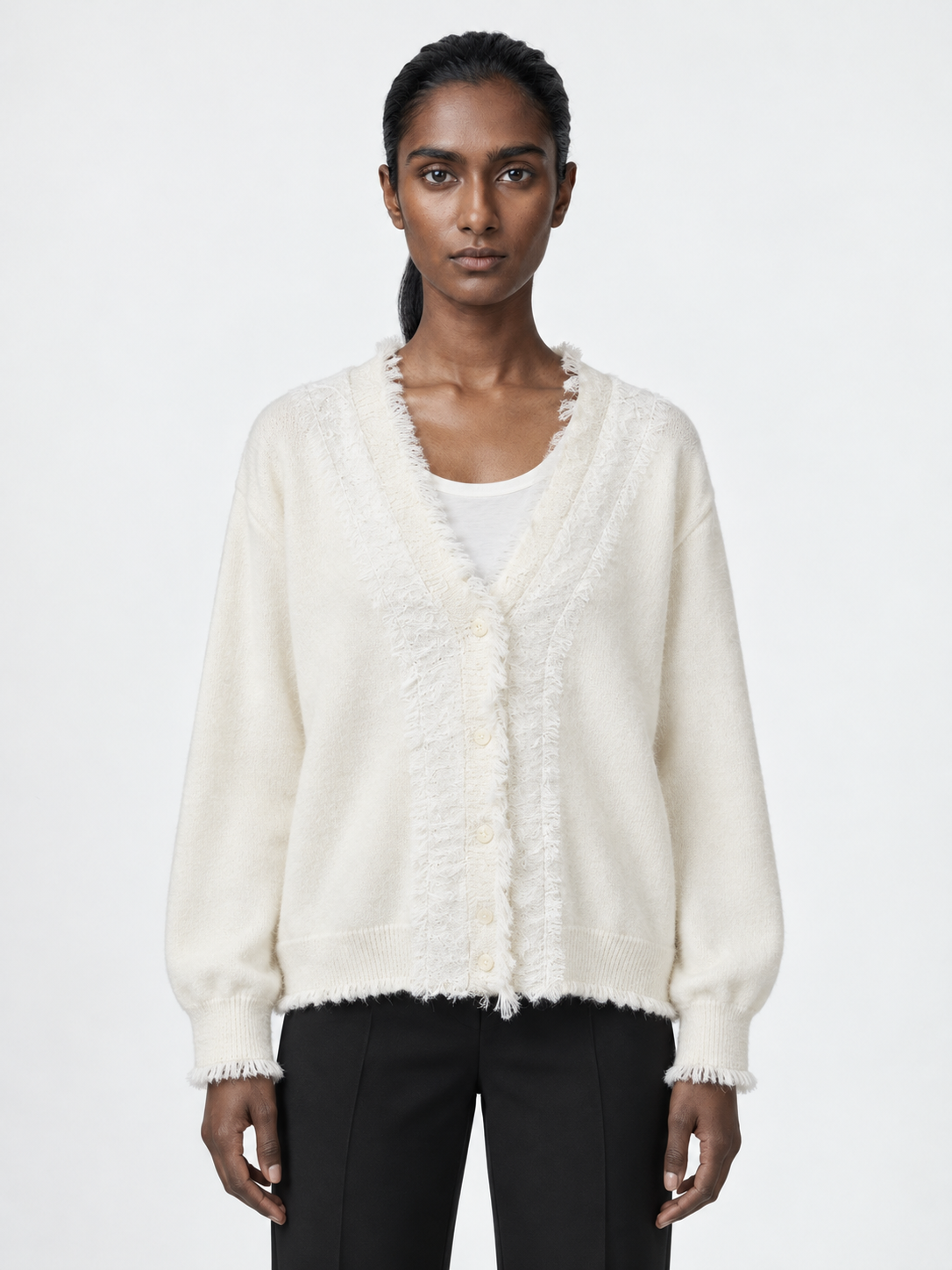 Fringe-Edge V-Neck Cardigan · model-front