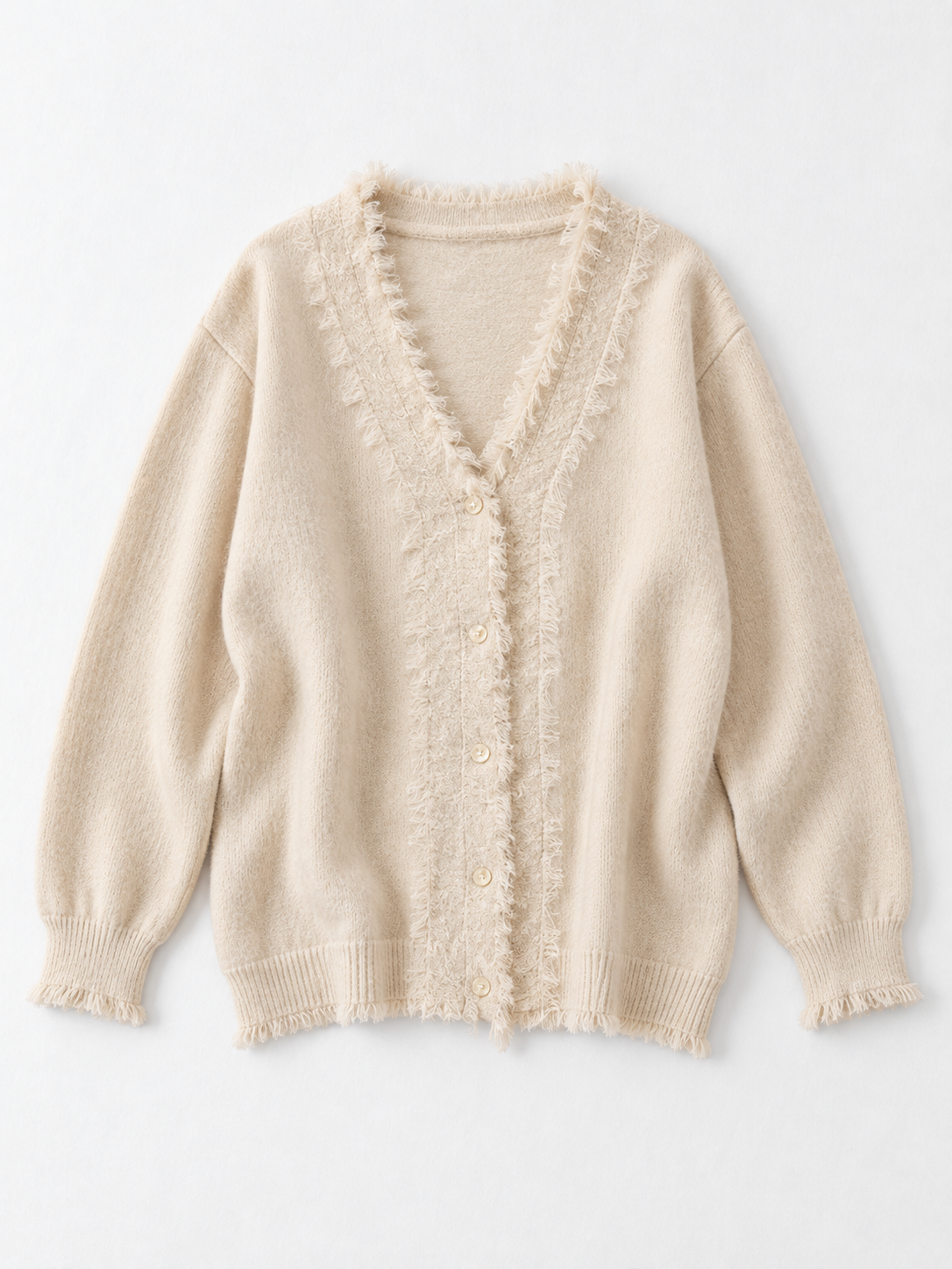 Fringe-Edge V-Neck Cardigan · flat-front