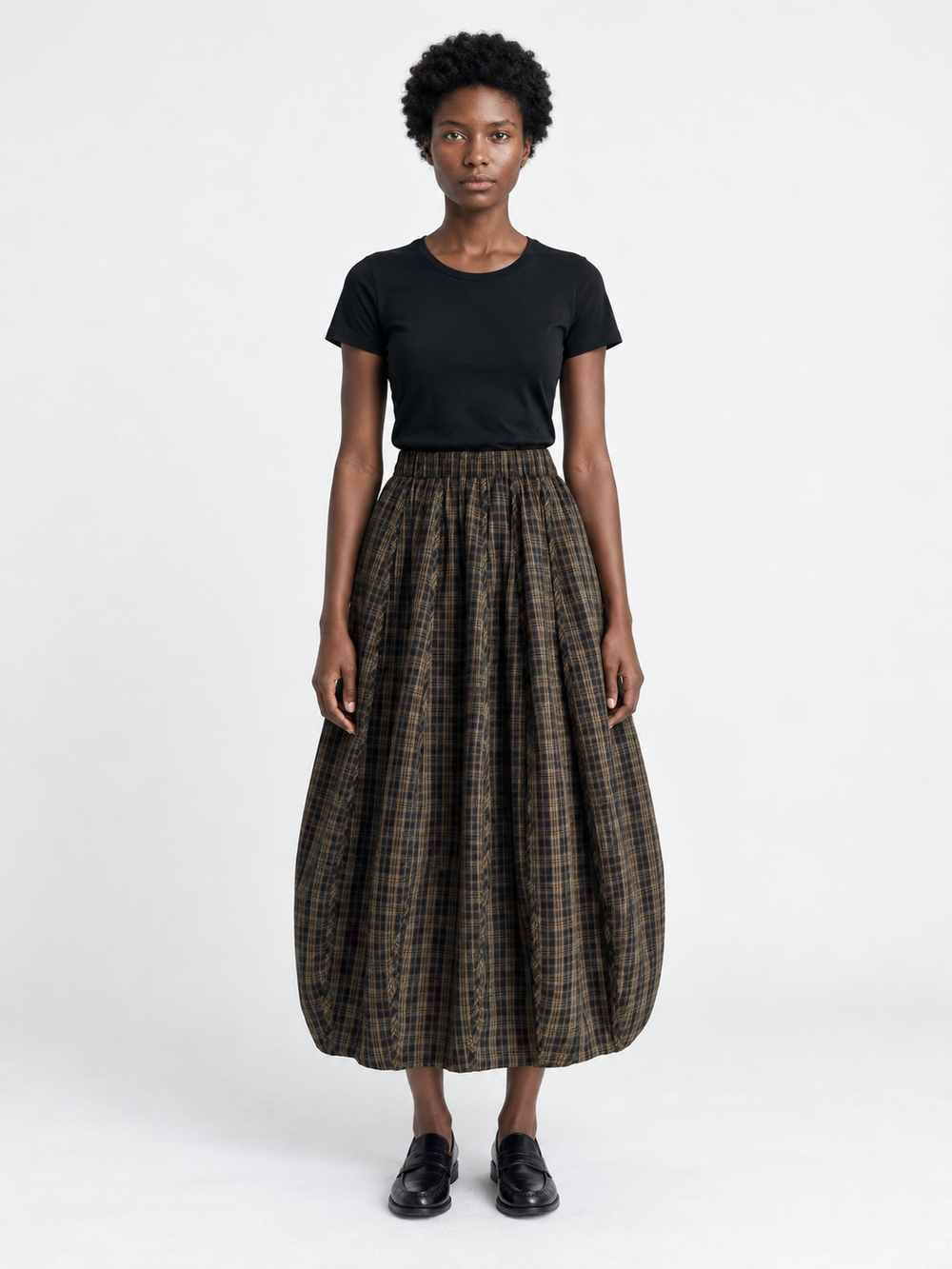 Plaid Balloon Midi Skirt