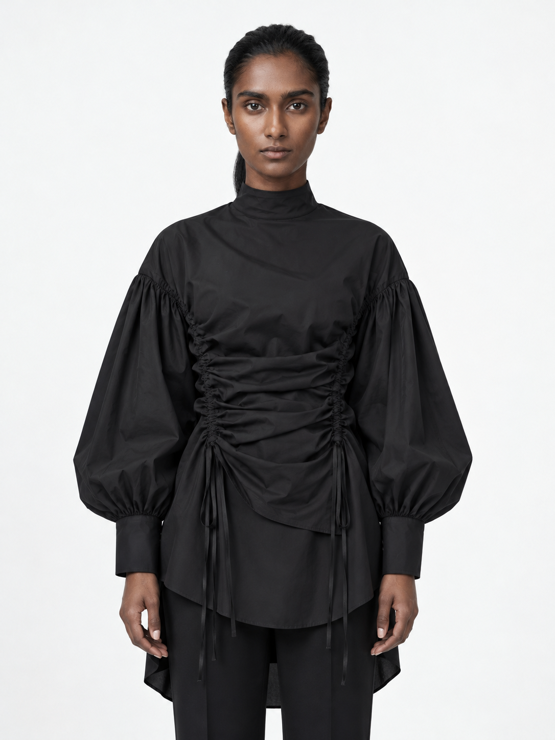 Ruched Front Balloon-Sleeve Shirt · model-front