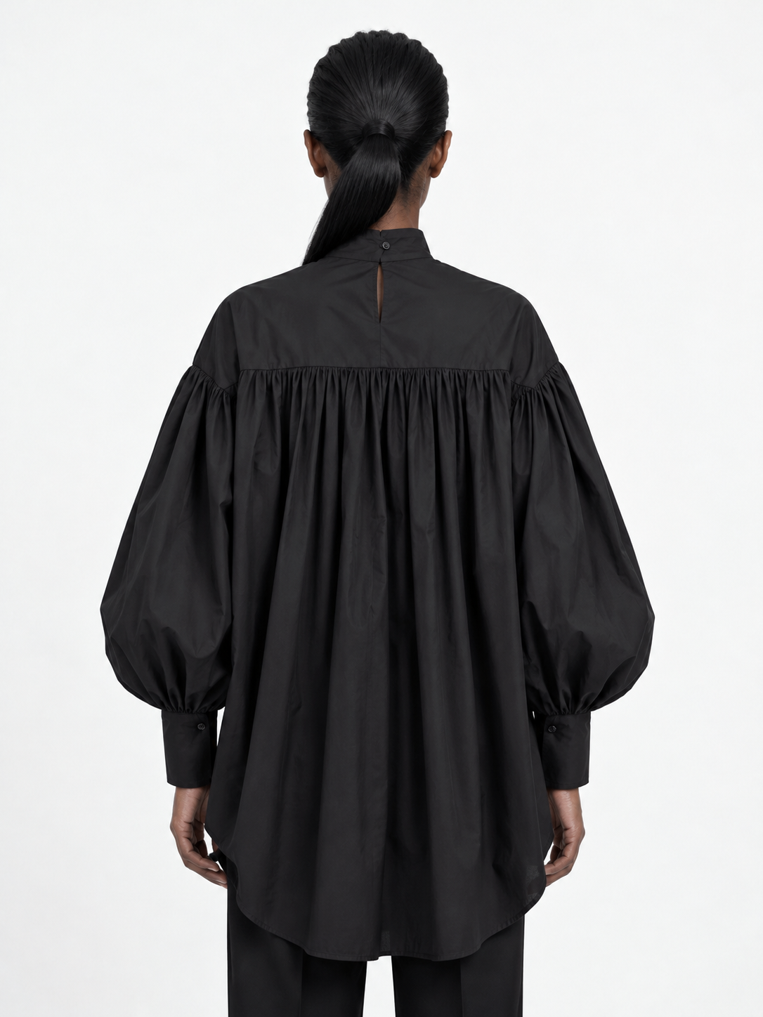 Ruched Front Balloon-Sleeve Shirt · model-back