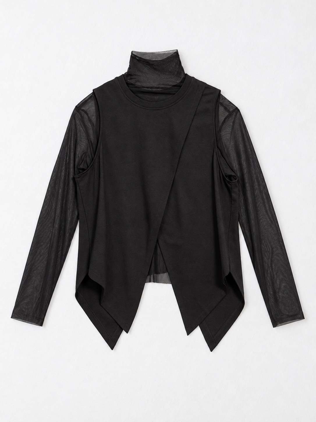 Pointed-Hem Vest and Mesh Top · flat-front
