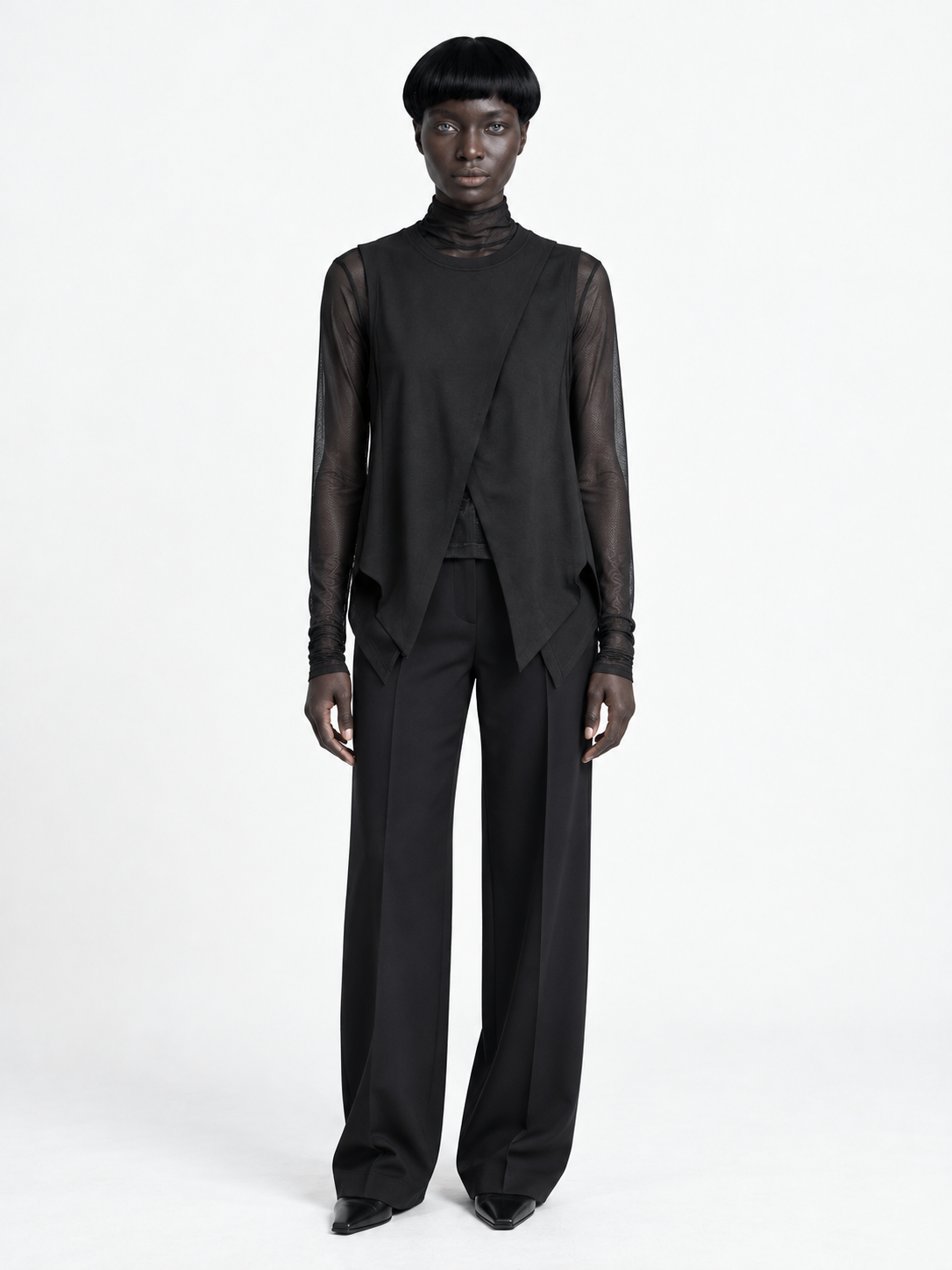 Pointed-Hem Vest and Mesh Top · model-front